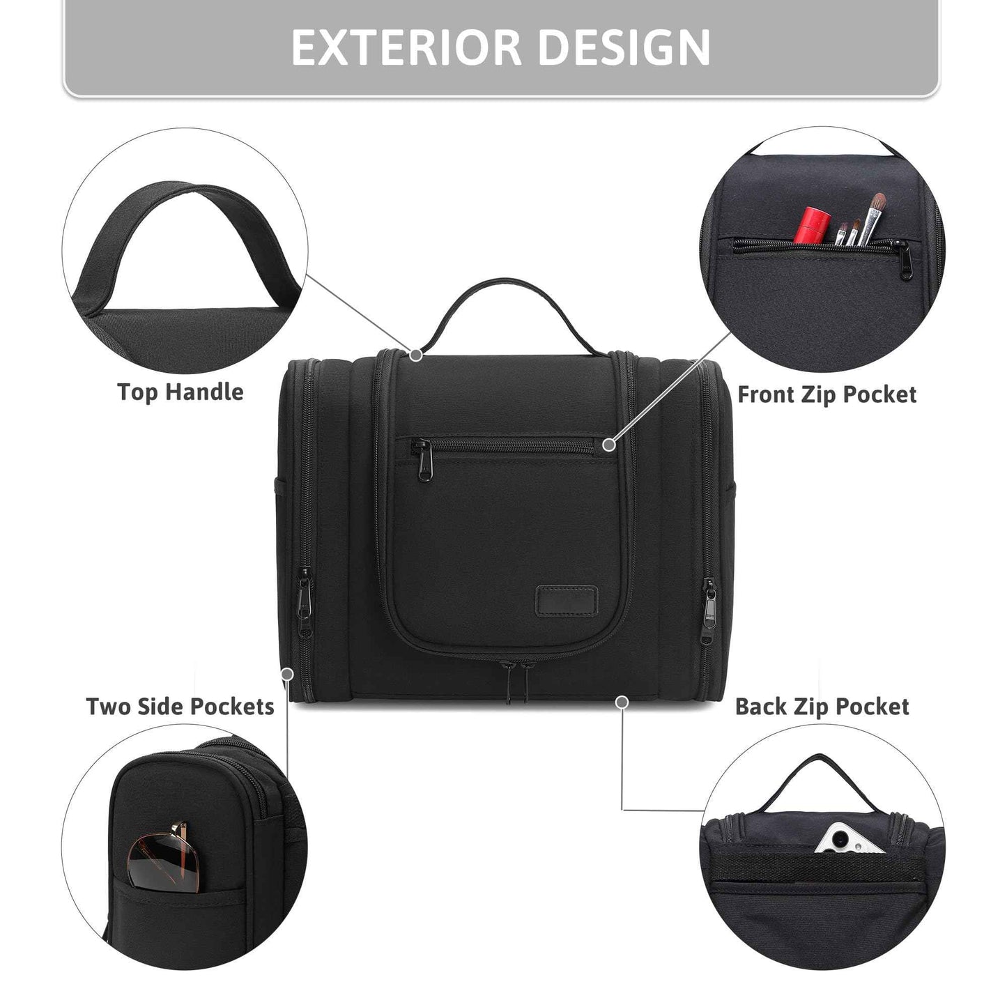 Pearl Angeli Hanging Toiletry Bag for Women, Large Makeup Cosmetic Bag, Water Resistant Toiletries Travel Essentials Organizer, Full-size Container, Black