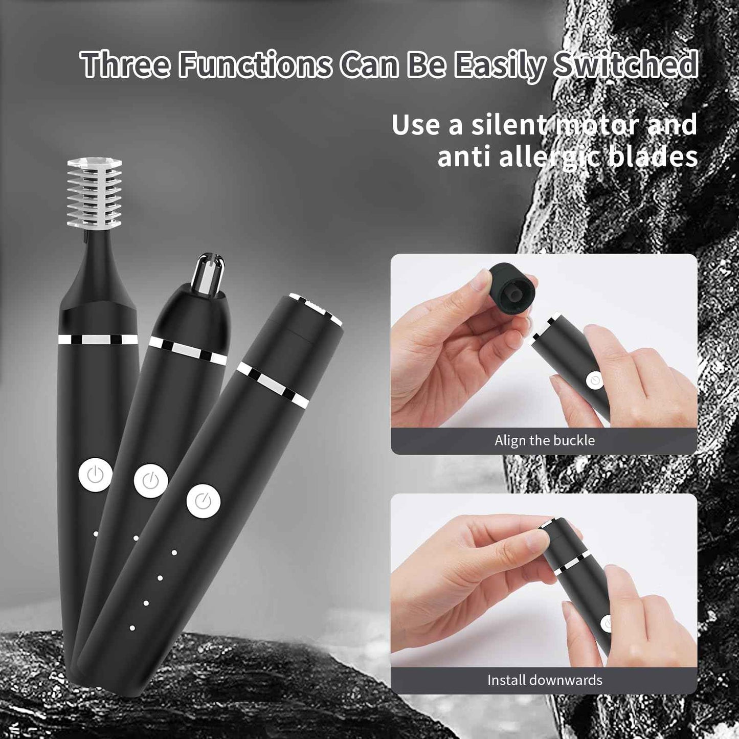 Erkot Nose Hair Trimmer for Men and Women, Eyebrow Trimmer, Electric Shaver Razor 3 in 1, Portable, Waterproof and Rechargeable for Ears, Face, Legs (Black)