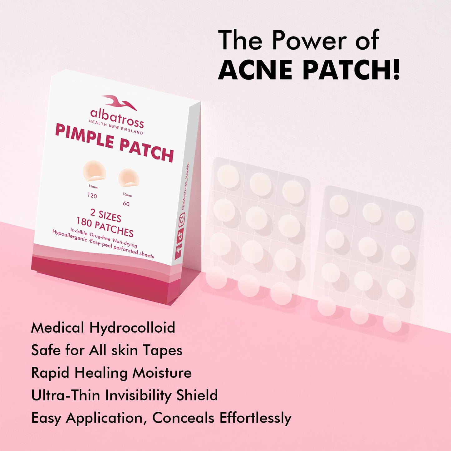 Invisible Acne Pimple Patches for Face (180 Counts), Spot Dots Cover by Albatross Health New England, Hydrocolloid Stickers, Zit Blemish Patch