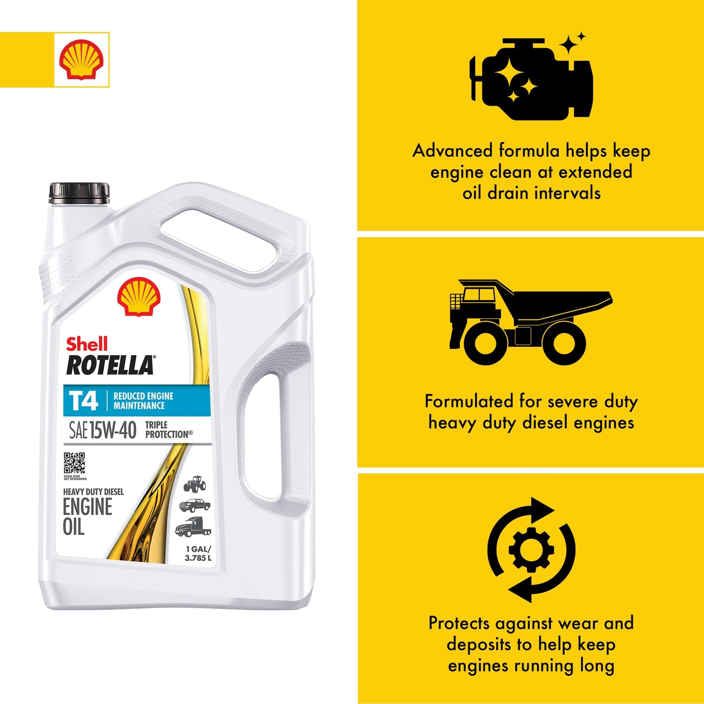 Shell Rotella T4 Triple Protection Conventional 15W-40 Diesel Engine Oil (1-Gallon, Single Pack) (Pack of 3)