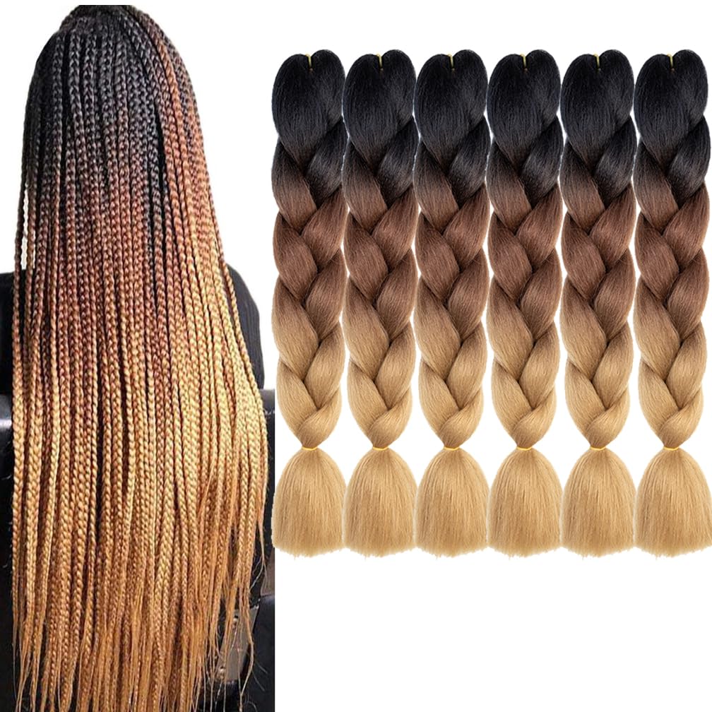 BALINGHAIR Braiding Hair Extensions Ombre Brown Professional High Temperature Kanekalon Braids Hair 24 Inch(C14-6Packs)