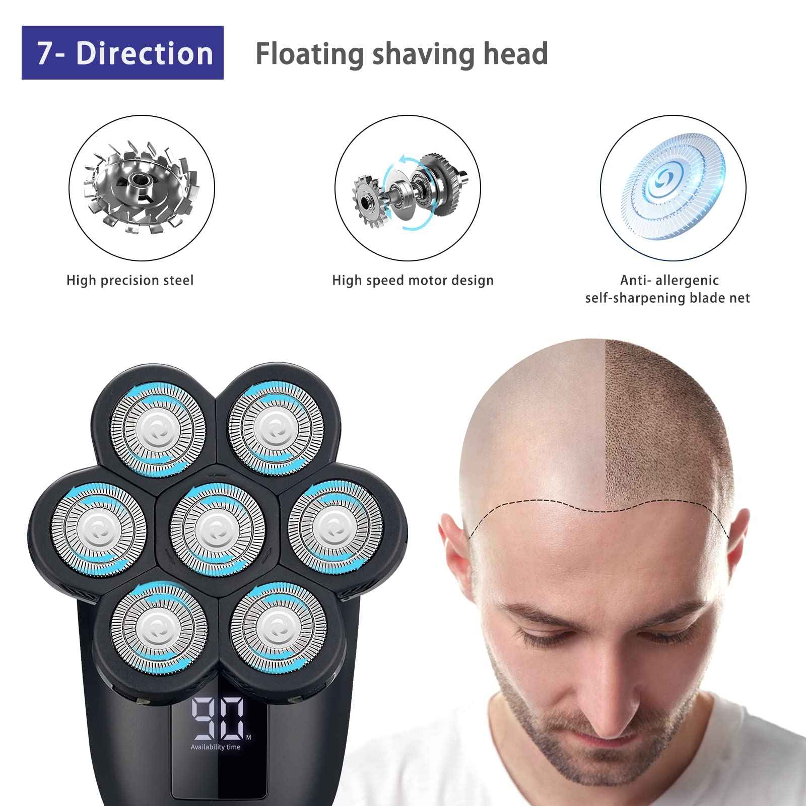 UPTARD Electric Head Shavers for Bald Men, Head Razor for Men with Nose Hair Sideburns Trimmer, LED,Travle Lock