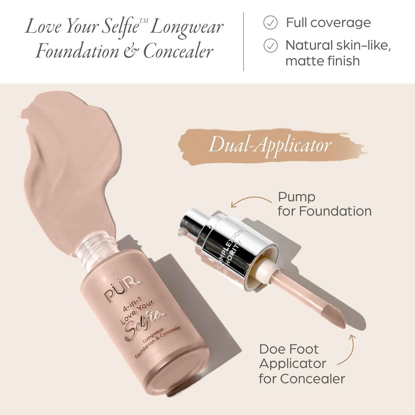 PÜR MINERALS 4-in-1 Love Your Selfie Longwear Foundation & Concealer, Full Coverage Liquid Foundation, Hydrating Formula, Cruelty Free