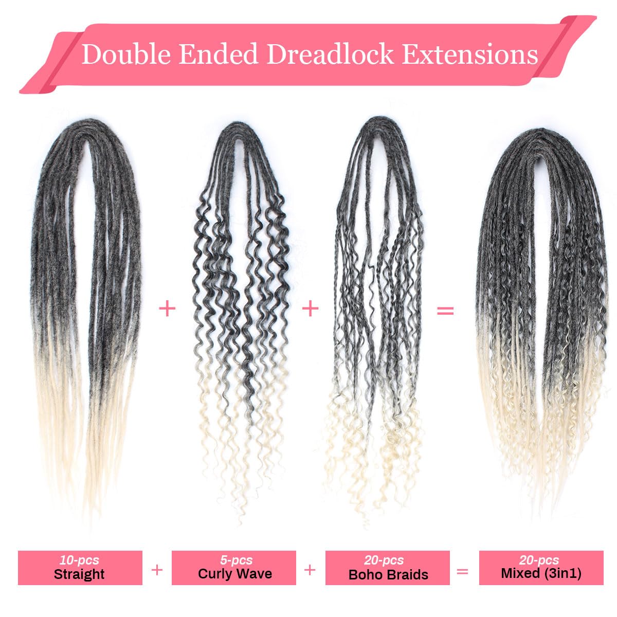 KRALER 24 Inch Mixed DE Dreadlock Extensions Sets, 3 in 1 20 Strands Synthetic Double Ended Dreads Extensions, Gray to Blonde Hippie Crochet Dreads Style for Girls