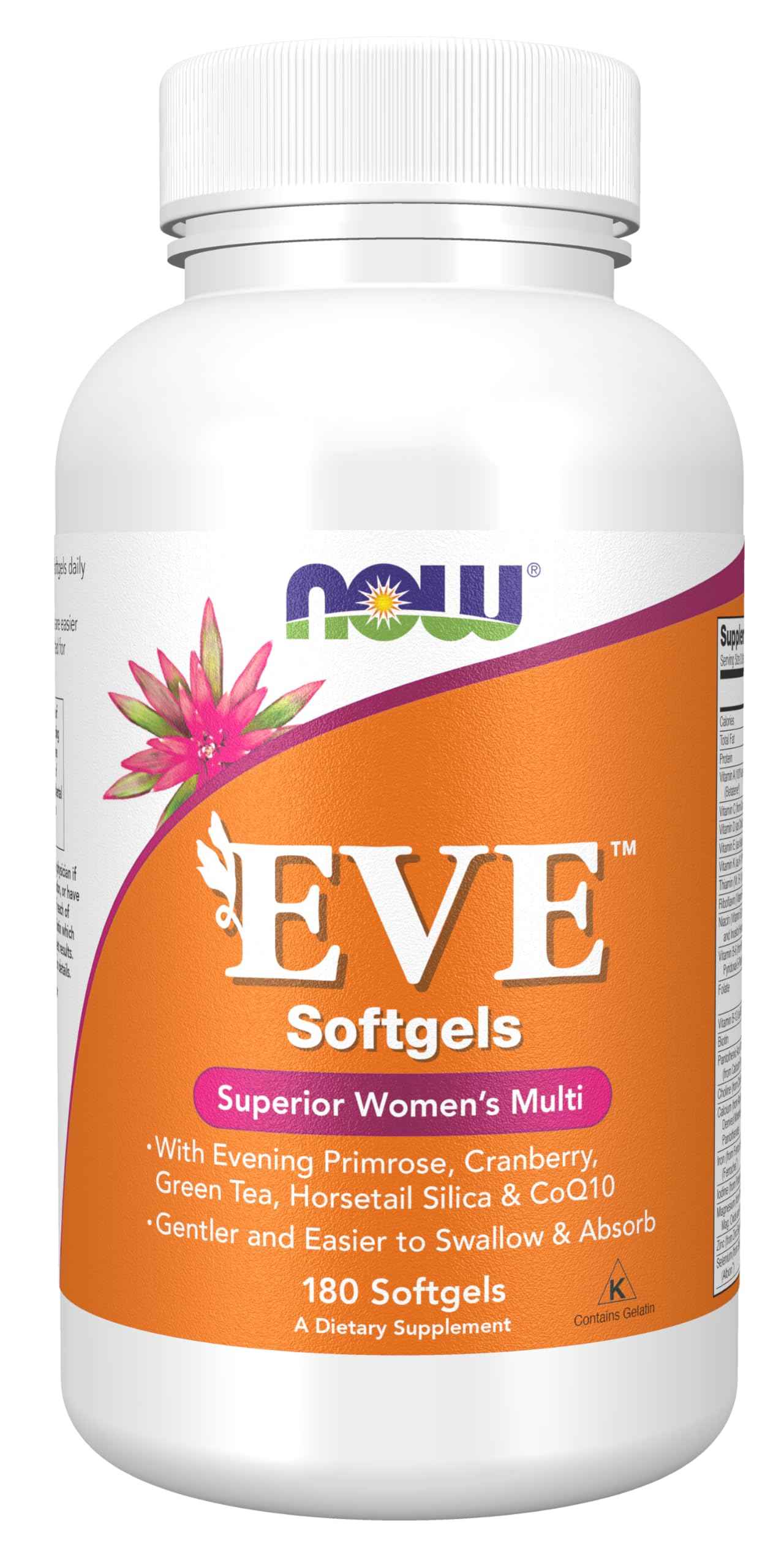 NOW Foods Supplements, Eve™ Women's Multivitamin with Evening Primrose, Cranberry, Green Tea, Horsetail Silica & CoQ10, 180 Softgels