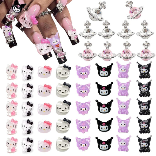 50PCS Kitty Nail Charms and Planet Nail Charms for Acrylic Nails Y2K Kawaii Nail Decorations Nail Art Supplies 3D Flatback Resin Charms Cartoon Slime Jewels Cute DIY Nail Accessories