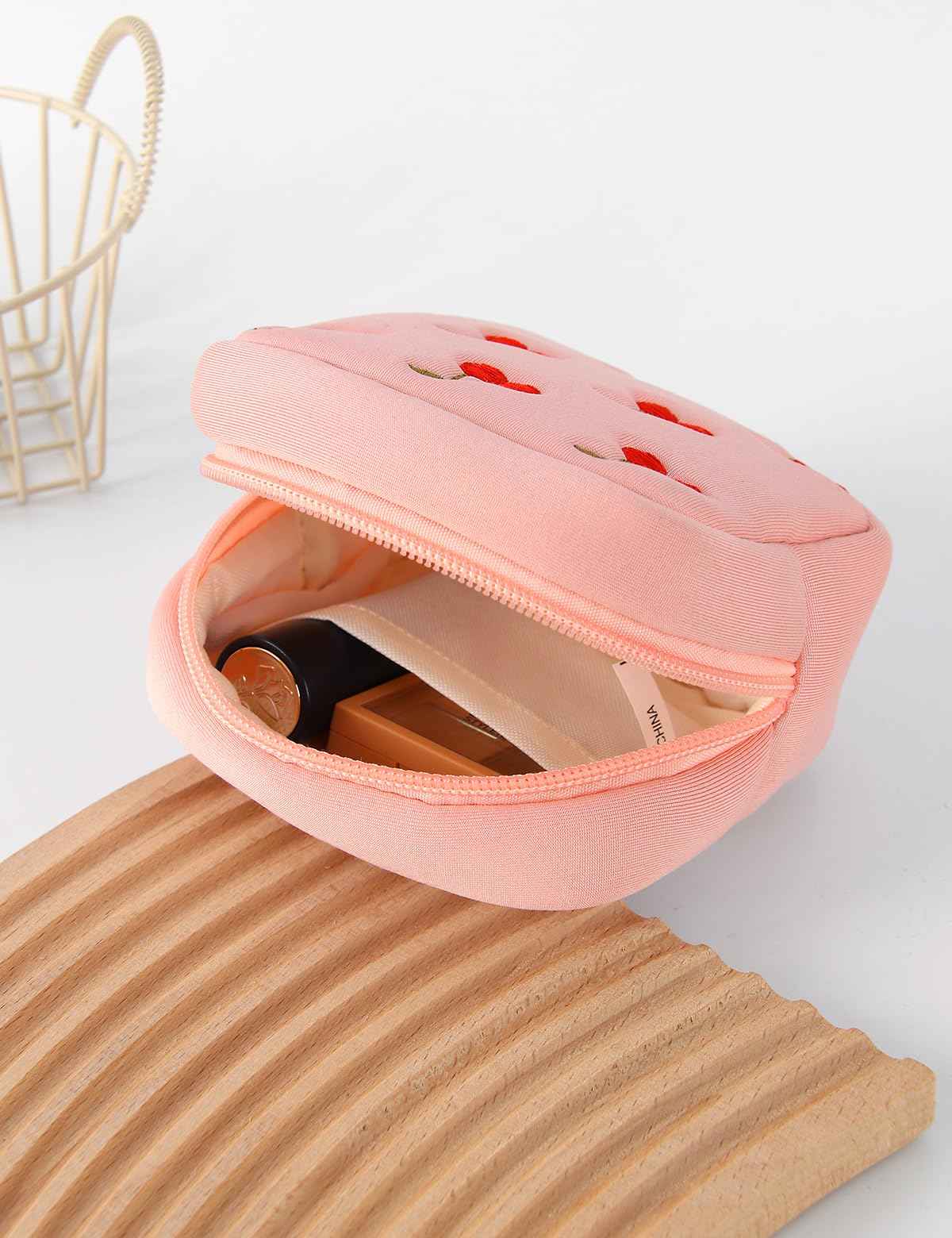 ZUCOLUS Pink Period Bag for Teen Girls, Mini Sanitary Napkin Storage Makeup Bag,Small Cherry Embroidery Period Bag for Women Girls
