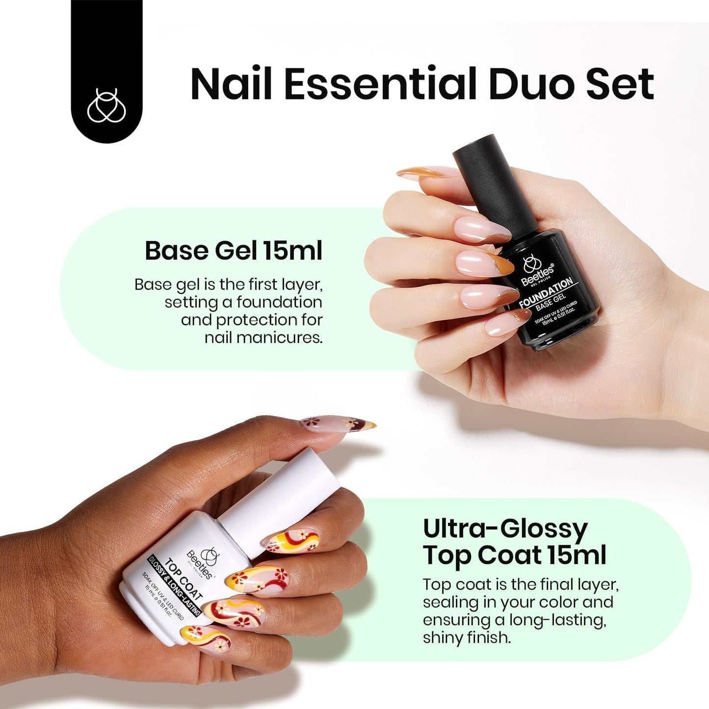 Beetles Gel Base and Top Coat,2 Pcs 15ml Upgrade Super Shiny Gel Top Coat and Base Coat Set,Glossy and Long-Lasting Gel Polish,Soak Off Nail Lamp Foundation Combination Gel Polish Base and Top Coat