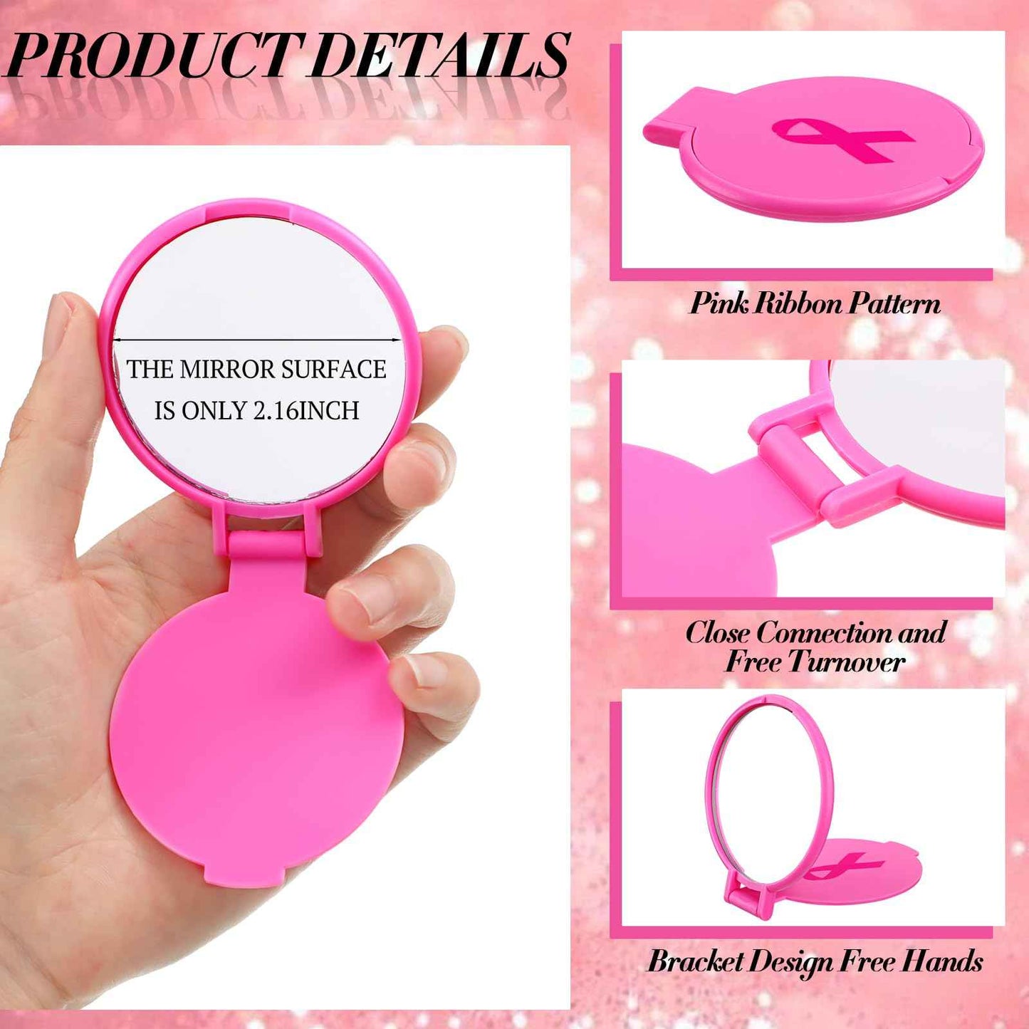 Tatuo 100 Pcs Breast Cancer Awareness Gifts for Women Mini Folding Makeup Mirror Bulk Round Pocket Portable Mirror Breast Cancer Awareness Accessories for Women Friends (Pink)