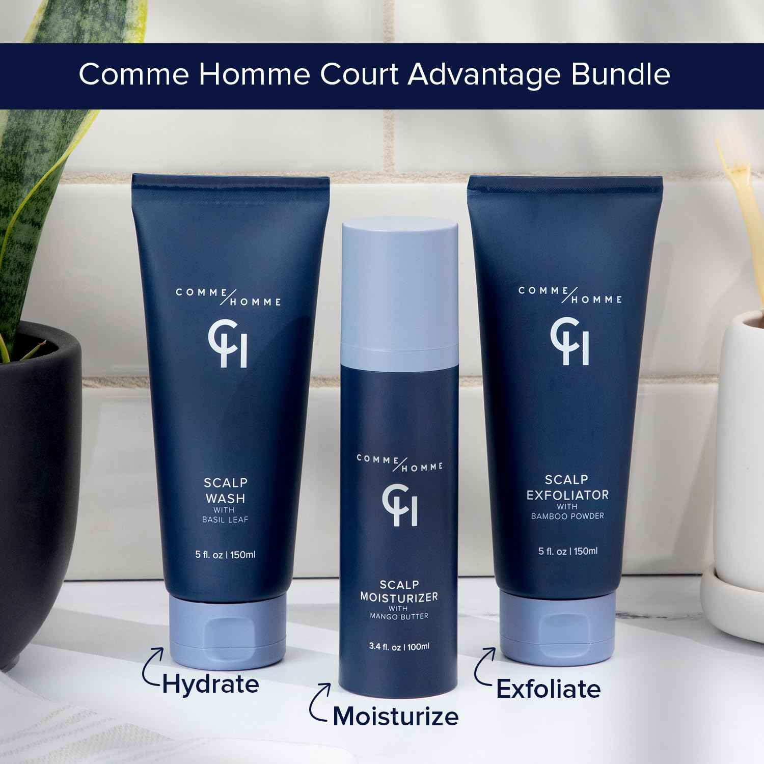 Comme Homme Hydrating Scalp Wash for Bald Men | Daily Face & Scalp Cleanser with Aloe, Basil, Tea Tree & Caffeine | Gently Cleanses, Soothes & Energizes | Pack of 2 (5 fl oz Each)