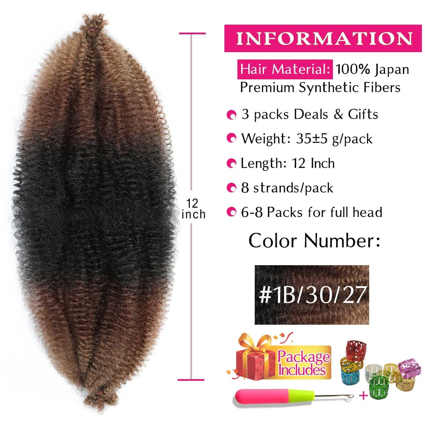 Afro Twist Hair 12 Inch 3 Packs, Springy Afro Twist Hair Pre Fluffed Spring Twist Hair Pre Stretched Wrapping Hair for Soft Locs Hair Extensions (12 Inch (Pack of 3), 1B/30/27#)