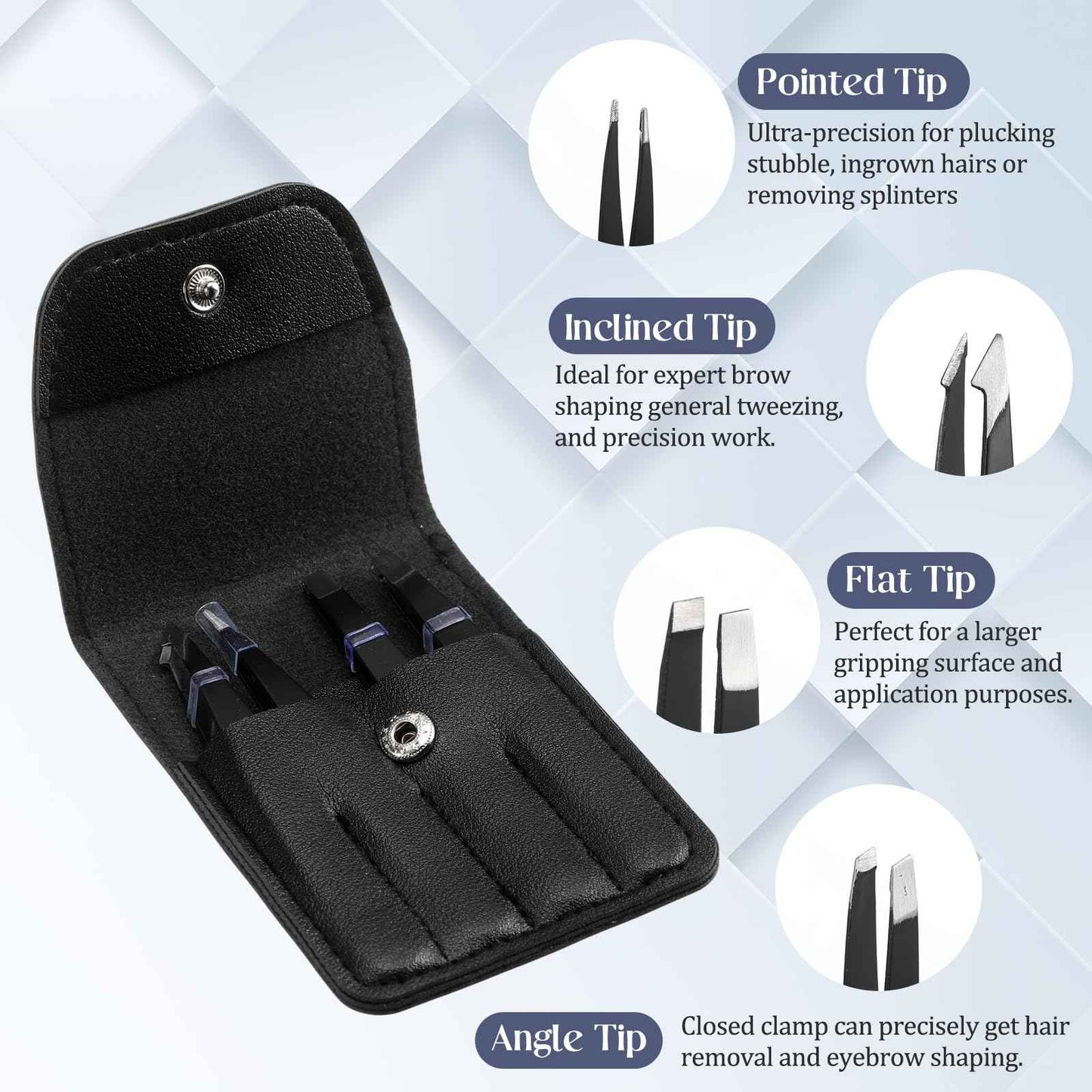 Lasnten 12 Sets Eyebrow Tweezers Set and Curved Scissors, 4 in 1 Professional Stainless Steel Tweezers for Women and Men, Splinter and Ingrown Hair Removal with Travel Case(Black)