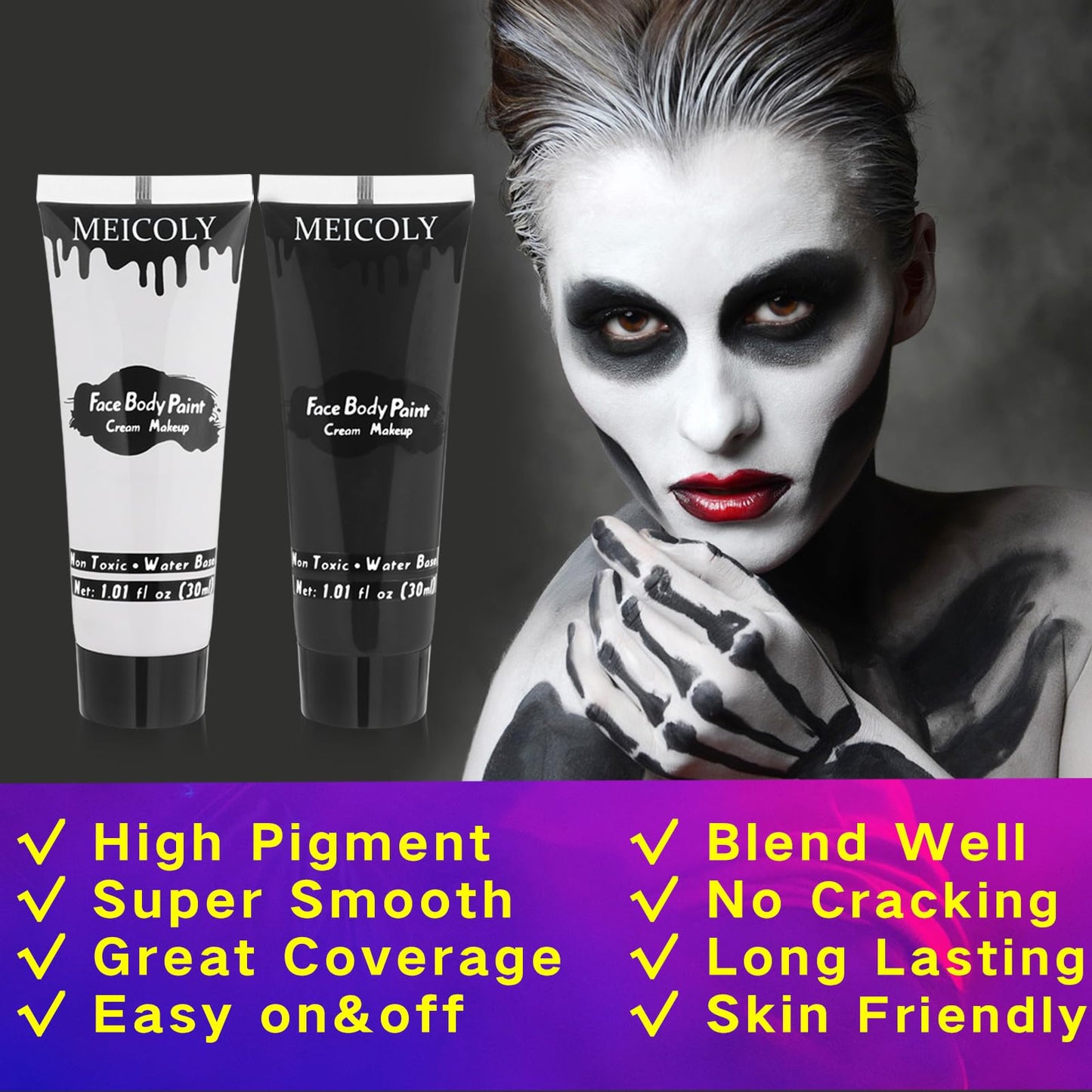 MEICOLY Black White Face Body Paint with Sponges,Water Based Face Paint for Adults and Kids,Cream Body Paint,Face Painting for Clown Makeup,Halloween SFX Skull Zombie Skeleton Goth Cosplay Mime Makeup