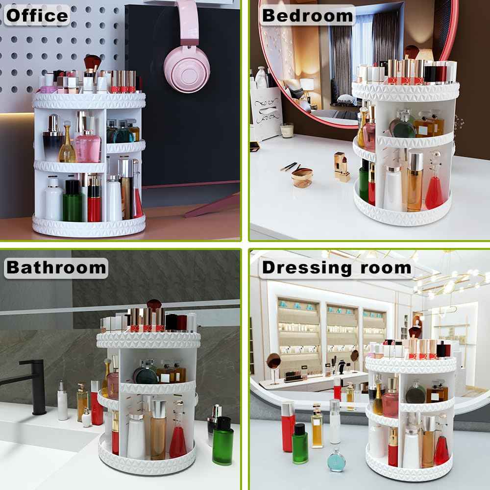 Famitree 360 Rotating Makeup Organizer, DIY Adjustable Makeup Carousel Spinning Holder Storage Rack, Large Capacity Vanity Organizer Skincare Organizers (White)