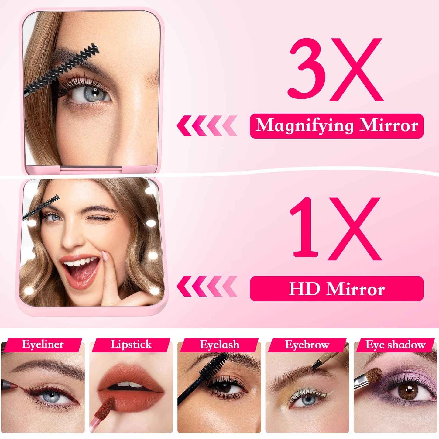 KEWWADB Travel Mirror with Lights, Initials Portable Compact Mirror, Travel Essentials, Suitable Gifts for Mom（Pink，K）