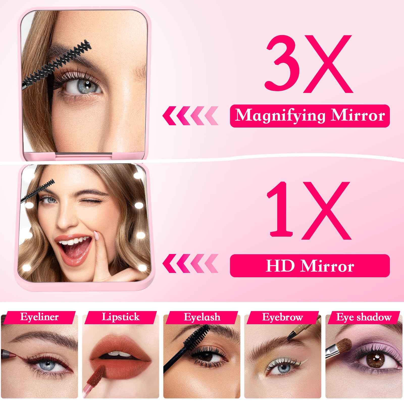 KEWWADB Travel Mirror with Lights, Initials Portable Compact Mirror, Travel Essentials, Suitable Gifts for Mom（Pink，K）