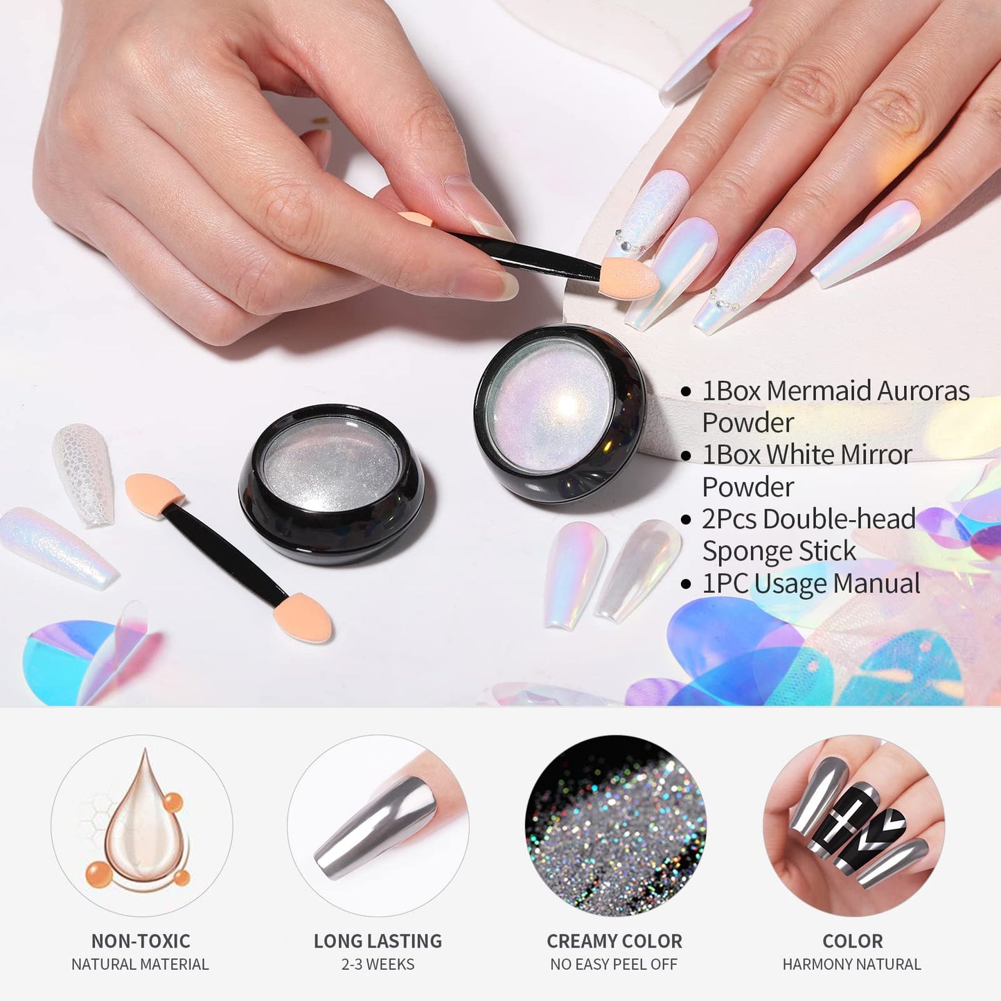 BORN PRETTY Chrome Powder Metallic Mirror Auroras Mermaid Pearl Pigment Powder Manicure Nail Art Decoration Sets 2 Boxes