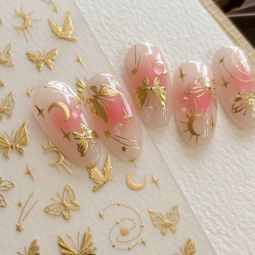 5D Embossed Gold Nail Stickers Butterfly Nail Art Stickers Spring Nail Decals Golden Self-Adhesive Star Moon Nail Decals for Women Girls Acrylic Nails Manicure DIY Nail Supplies