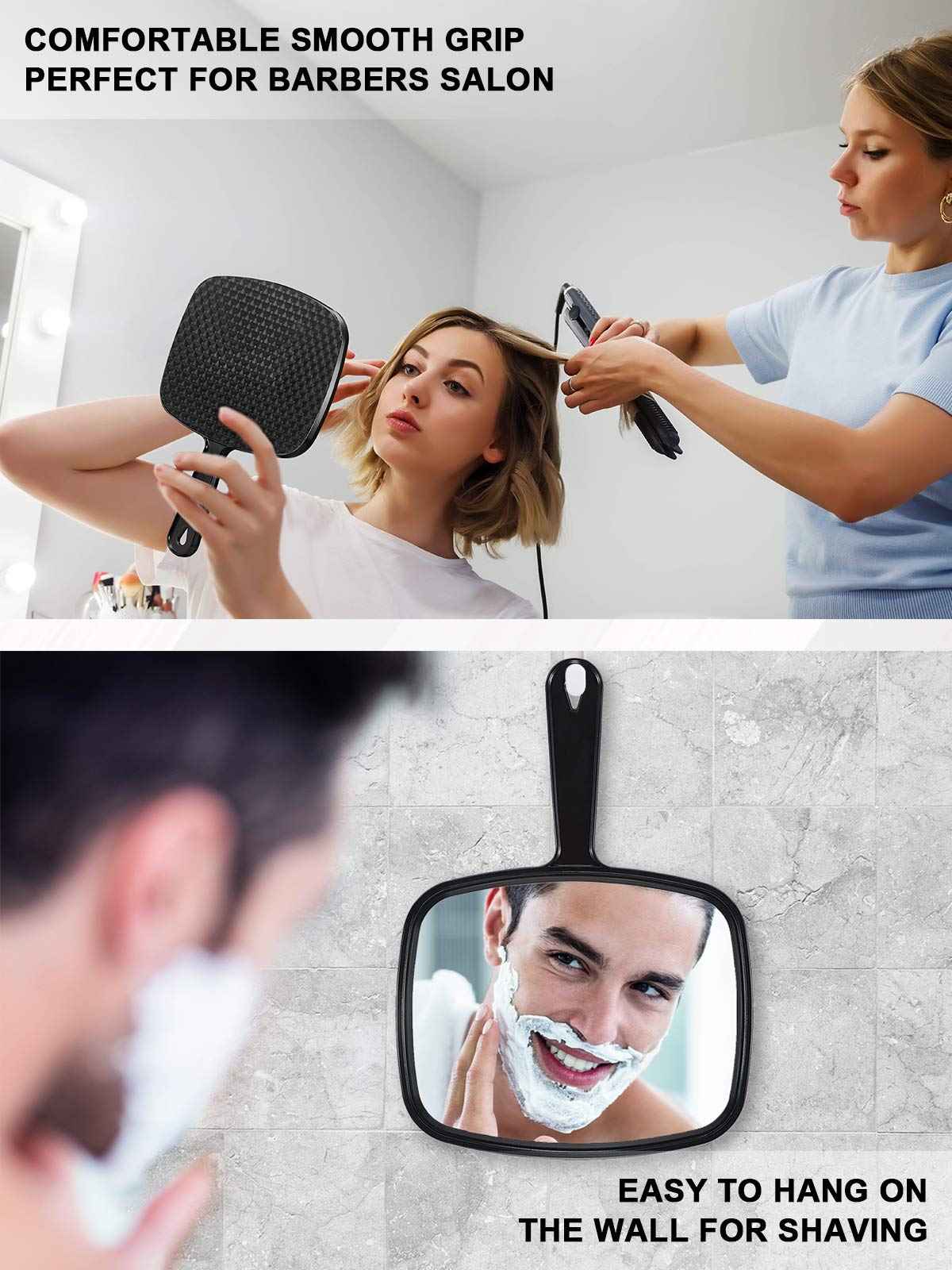 MIRRORNOVA Hand Mirror, Barber Hairdressing Handheld Mirror with Handle for Salon, Square, Black, Medium,Pack of 3