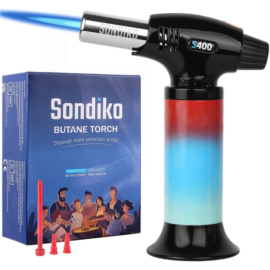 Sondiko Butane Torch Lighter, Refillable Kitchen Torch, Blow Torch with Safety Lock and Adjustable Flame for Desserts, Creme Brulee, and Baking, Gradually Changing Color