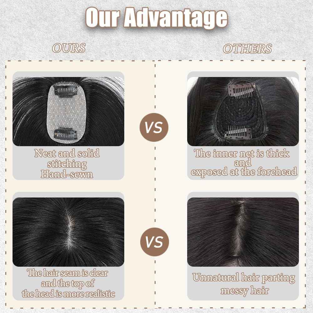 HVVZOY Hair Toppers for Women Real Human Hair, 3D Cover Clip in Bangs Realistic Scalp Line Human Hair Toppers for Women with Thinning Upgrade Basement with Bangs (1B, 3D Wispy Bangs 5x9)