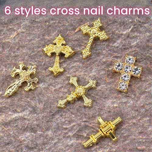 3D Cross Nail Charms for Nail Art, 60 Pcs Metal Crystal Cross Nail Decorations, Alloy Nail Studs and Rhinestones for Women Girl DIY Jewelry Crafts Supplies (Gold)