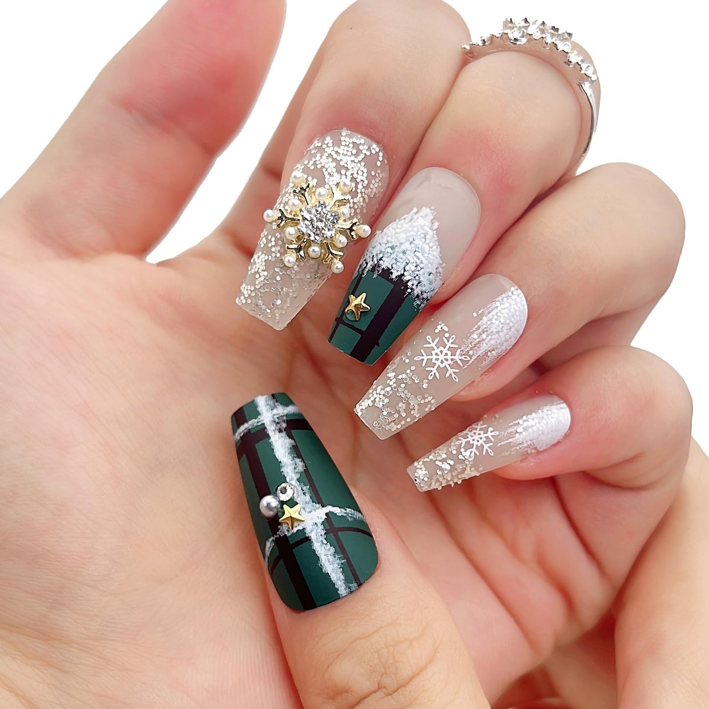 NGMATY Press On Nails Medium Long Christmas Dark Green Tessellated Snowflake White Snowflake Pattern Glitter Pearls Stars 12 Sizes 24 Pcs