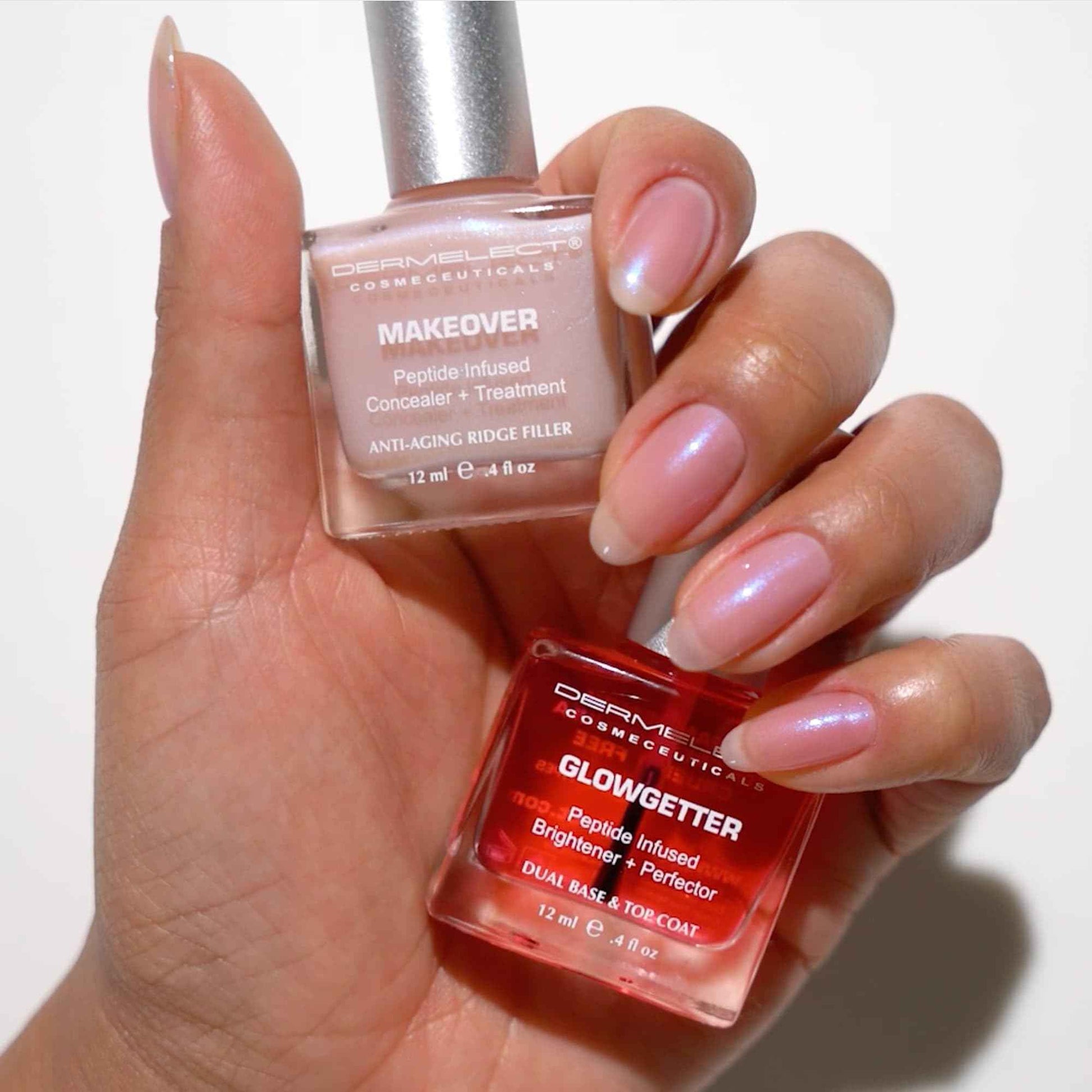 Dermelect Perfectly Polished Nail Rehab Kit – Nail Concealer & Strengthener Duo with Peptides, Squalene & Optic Brighteners for Damaged Nails, Natural Pink Tint, Glossy Finish, 2-Piece Set