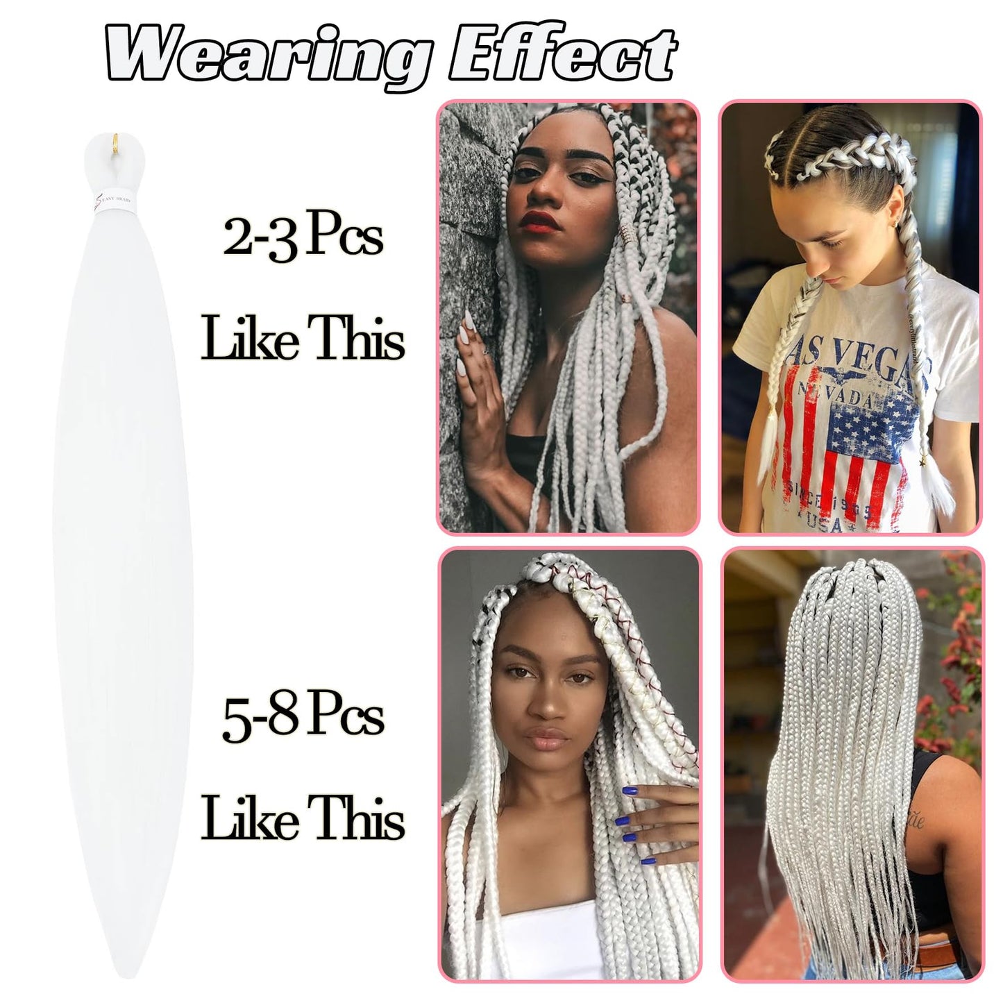 Royota White Braiding Hair Pre stretched 26 inch 3 Pieces Ez Braid Colored Hair Extensions for Women Synthetic Soft Yaki Knotless Prestretched Braiding Hair for Box Crochet Braids (White,26inch)