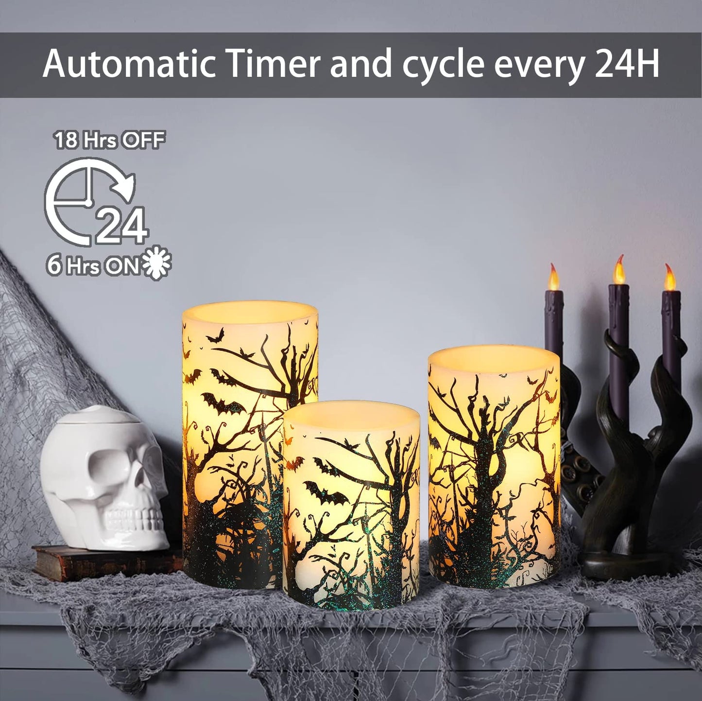 REVELBUNNY Halloween Flameless Candles Spooky Bats Decal LED Flickering Candles with Remote Timer, Battery Operated Real Wax Pillar Candle for Halloween Home Party Decoration, Set of 3