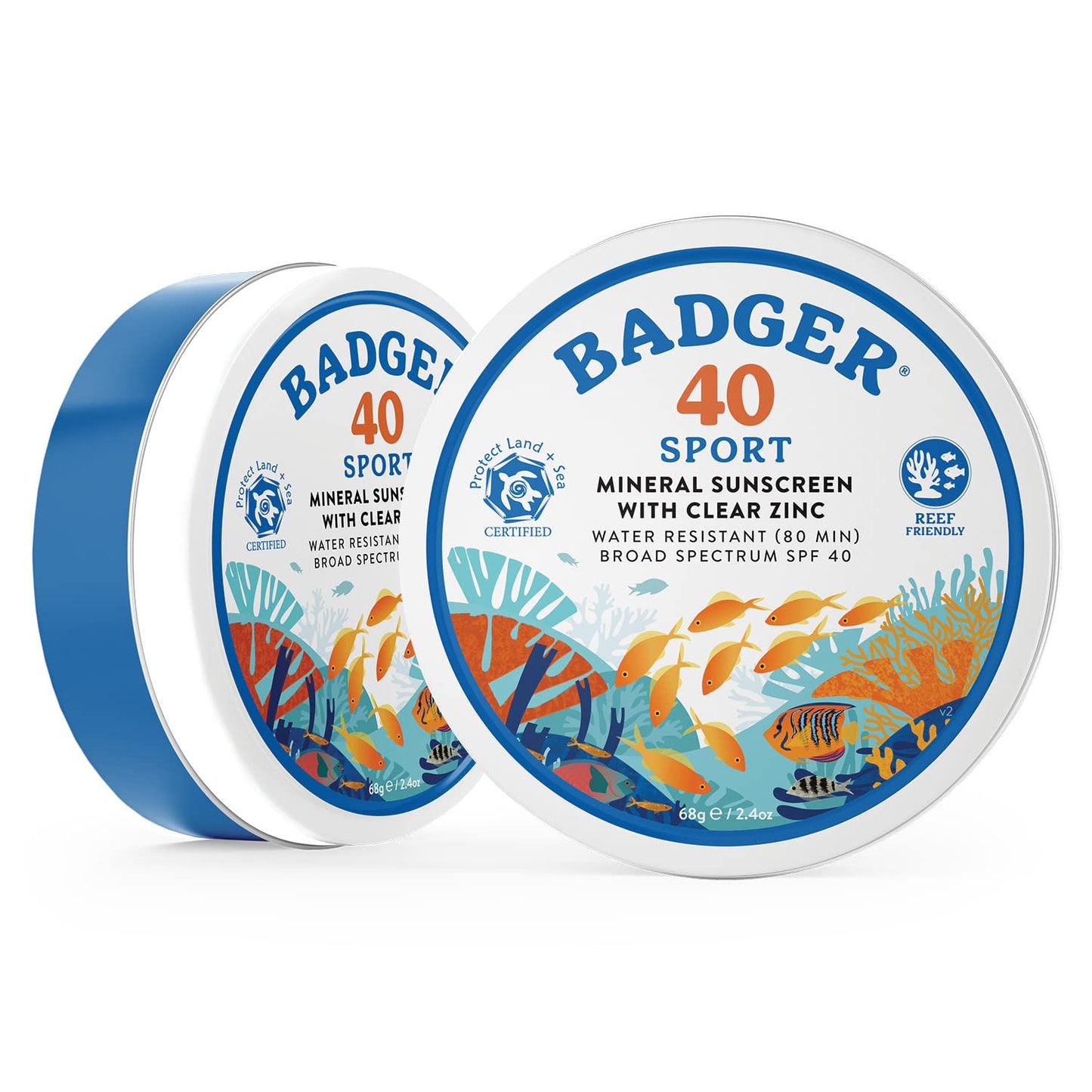 Badger Coral Reef Safe Sunscreen Tin, SPF 40 Zinc Oxide Sunscreen, Broad Spectrum, Water Resistant, Travel Size Sunscreen, Sun Skin Care, Unscented, 2.4 oz (2 Pack)