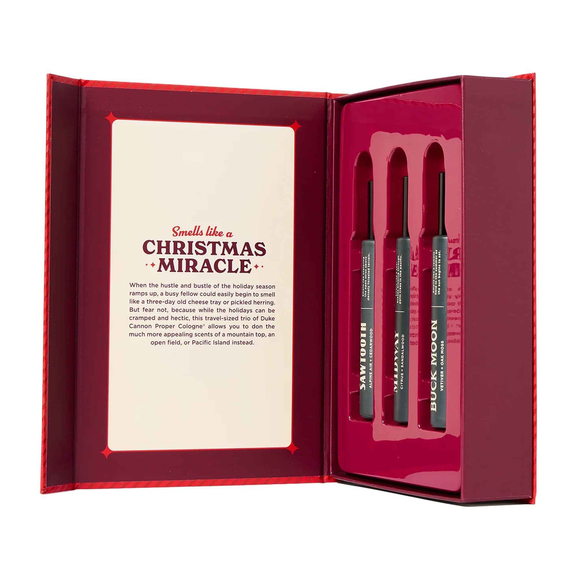 Duke Cannon Merry Little Sniffmas Giftset - travel-sized trio of Duke Cannon Proper Cologne® - Holiday Cologne Gift Set - eau de parfum - Sawtooth, Buck Moon, Midway