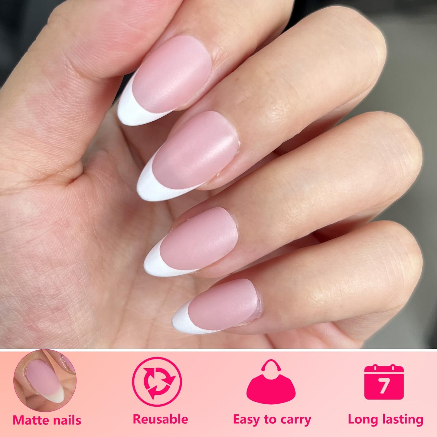 AddFavor French Tip Press on Nails Short Almond Fake Nails, 240pcs White French Nails Press on Almond Matte Pale Pink Acrylic Nails with Adhesive Tabs for Women