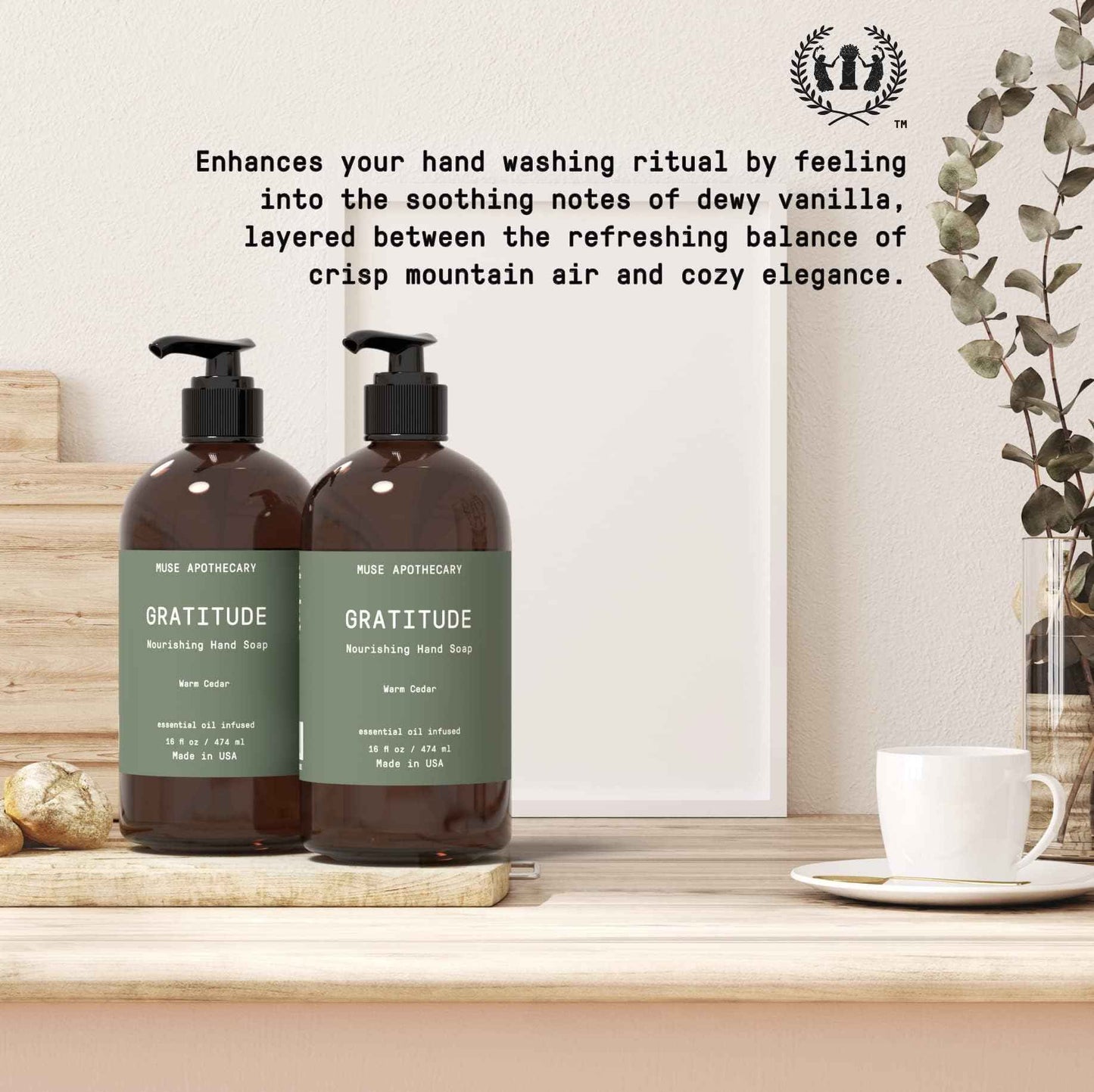 Muse Apothecary Hand Ritual - Botanical Collection - Aromatic and Nourishing Hand Soap, Infused with Natural Aromatherapy Essential Oils - 16 oz, Warm Cedar, 2 Pack