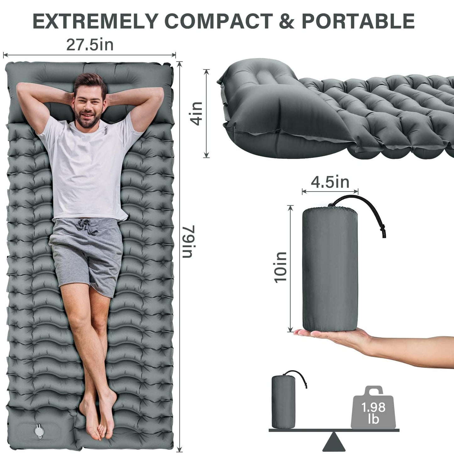 Camping Sleeping Pad, Ultralight Camping Pad with Pillow, Built-in Foot Pump Inflatable Sleeping Pad, Compact Size for Camping, Backpacking, Hiking - Gray