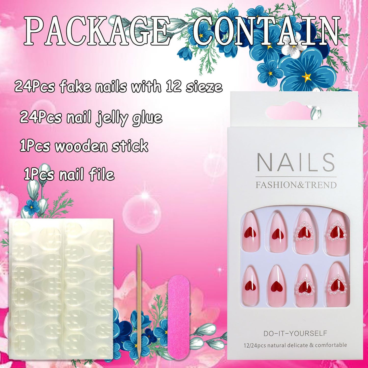 Red Heart Press on Nails Almond 24Pcs Glossy Full Cover Medium Acrylic False Nails with Heart Pearl Designs Reusable Artificial Fake Nails Set with Glue Stick on Nails with Charm for Women Girls