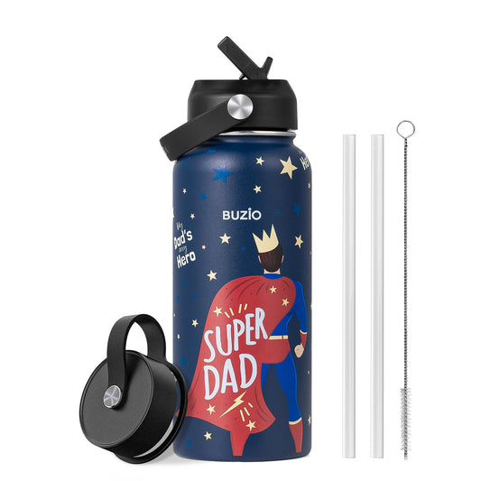 Father's Day Gifts for Dad, Funny Birthday Gift 32oz BUZIO Insulated Water Bottle with Straw Lid Stainless Steel Dad Tumbler from Son, Cold for 48hrs Double Wall Vacuum Thermo Canteen Cup, Hero