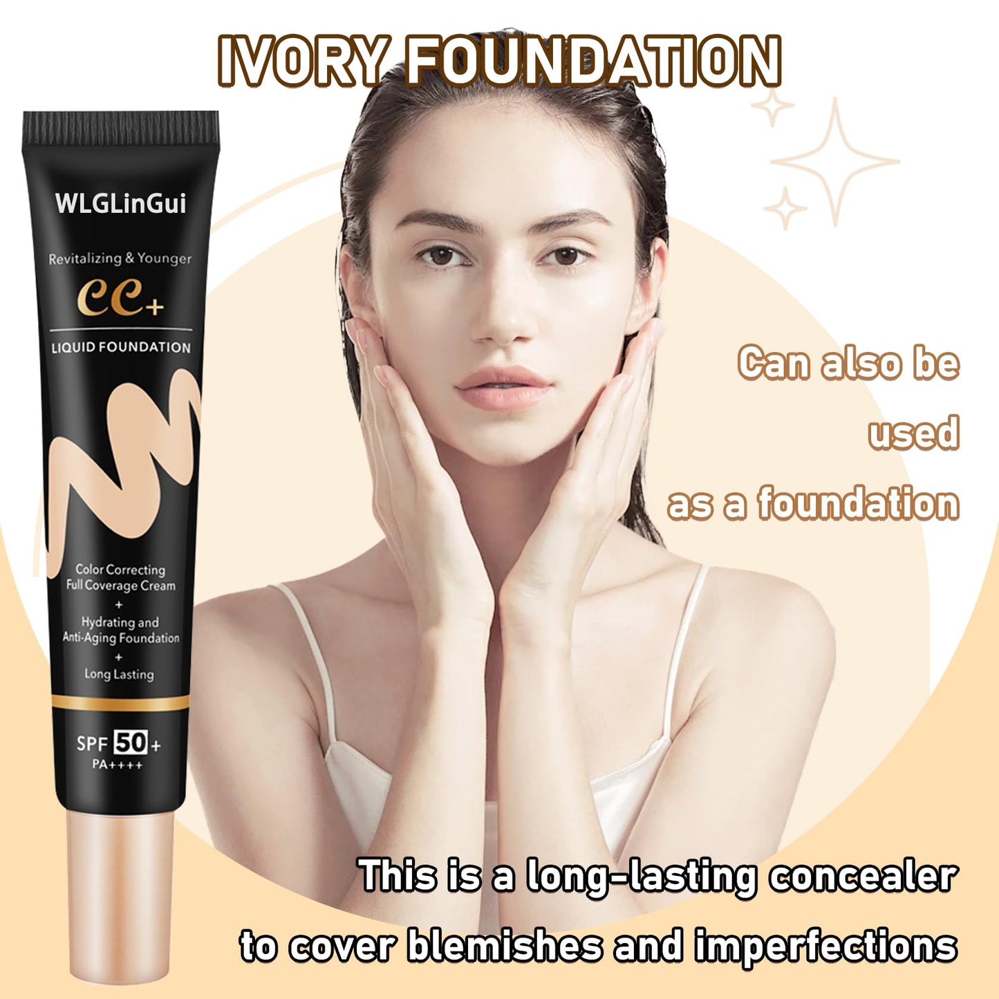 WLGLinGui Moisturizing BB Cream with SPF 50+ PA++++，Long Lasting Concealer CC Cream，Full Coverage Liquid Foundation Makeup,Hydrating Liquid Cream Under Eye Concealer（Ivory）