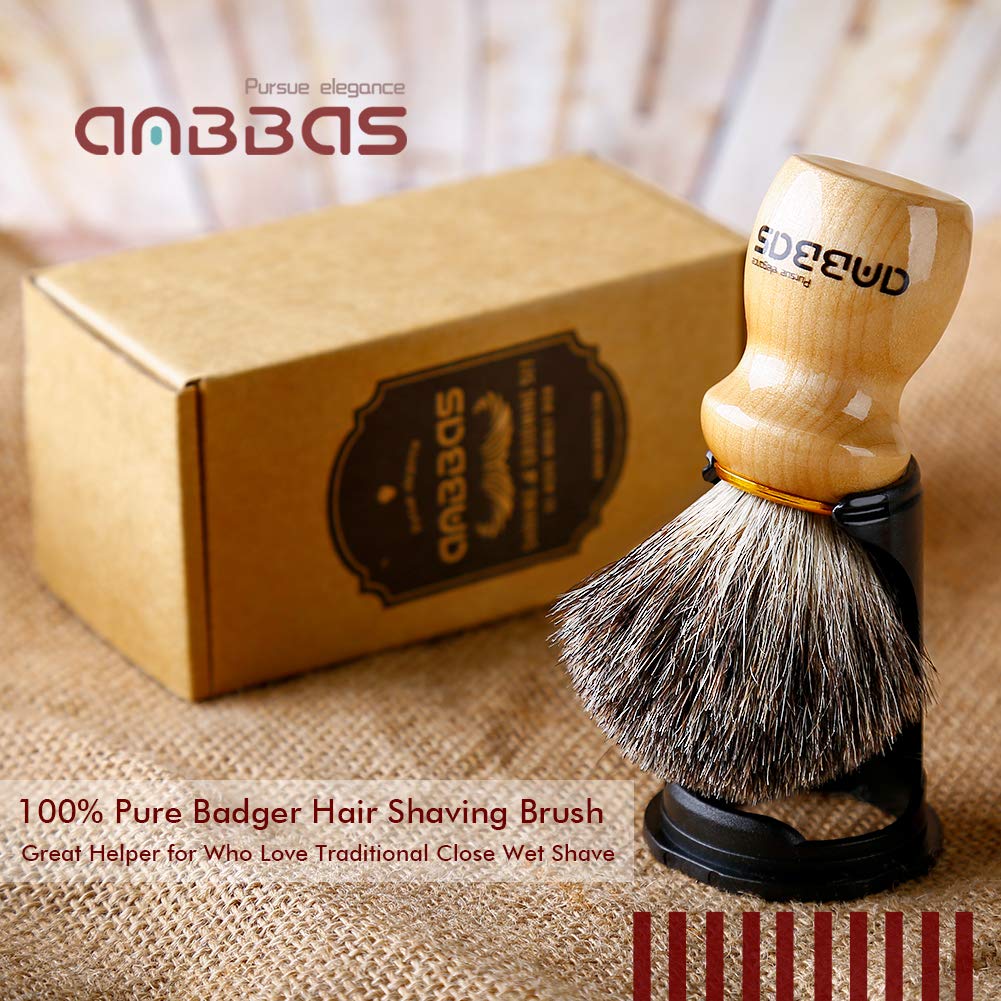 Shaving Brush with Holder, Anbbas Pure Badger Hair Shaving Brush Wood Handle,Black Resin Shaving Stand Contracted Design,2in1 Wet Shaving Set for Men