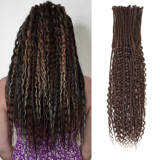 Pouweney 24 Inch 3 In 1 Dreadlock Extensions Sets, 30 Strands Mixed Chocolate Brown Synthetic SE Dreads Extensions, 100% Handmade Soft Single Ended Curly Boho Wavy Dreads for Girls