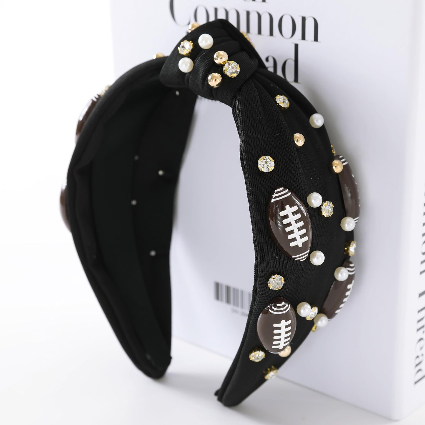 Gmmidea Football Knotted Headband Pearl Rhinestone Jeweled Headbands for Women Cute Wide Beaded Embellished Headband Game Day Decorative Hairband for Football Moms Black-1