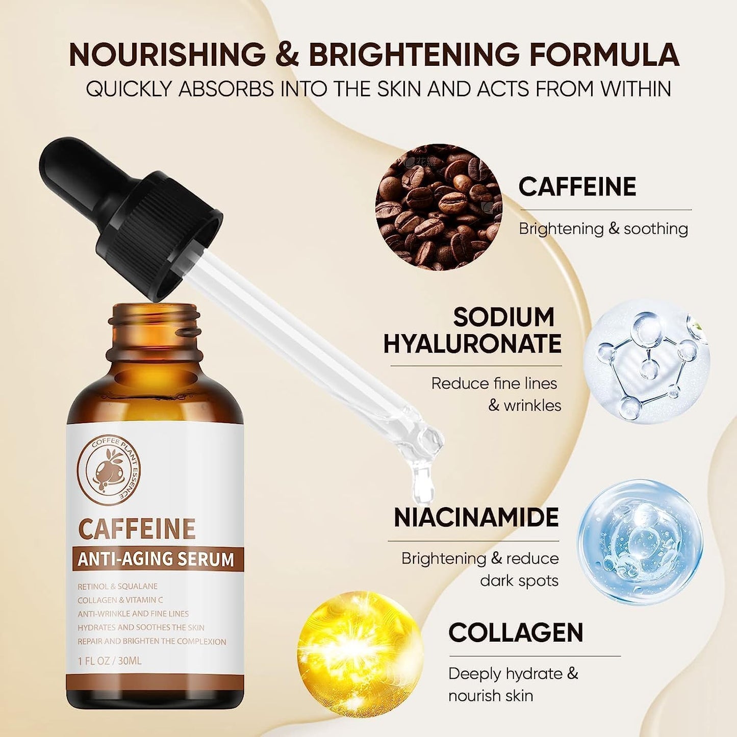 Caffeine Face Serum & Under Eye Serum, Anti-Aging Face Serum with Vitamin C, Collagen, Hyaluronic Acid, Firming & Hydrating & Brightening Face Serum Reduce Wrinkles, Fine Lines and Dark Spot - 30ml