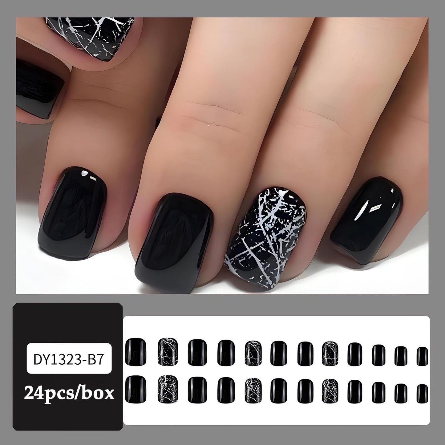 24 Pcs Black Press on Nails Short Square Shape Fake Nails with White Crack Full Cover Designs Cute Short Square Black Stick on Nails Reusable Nails Press ons for Finger Manicure Tips Decorations