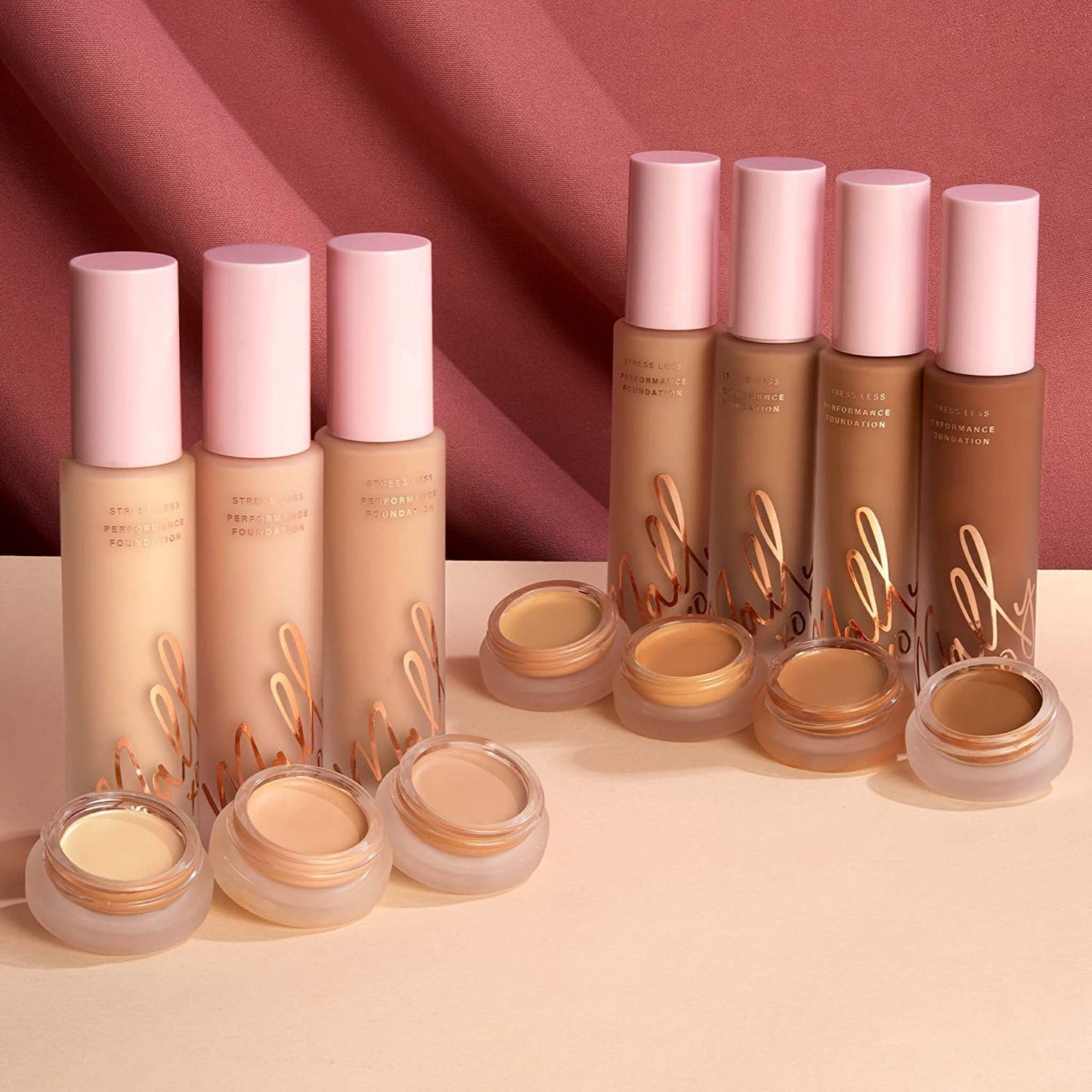 Mally Beauty Stress Less Performance Foundation - Tan - Buildable Medium to Full Coverage - Lightweight Foundation Liquid - Niacinamide Brightens and Hydrates Skin - Satin Finish