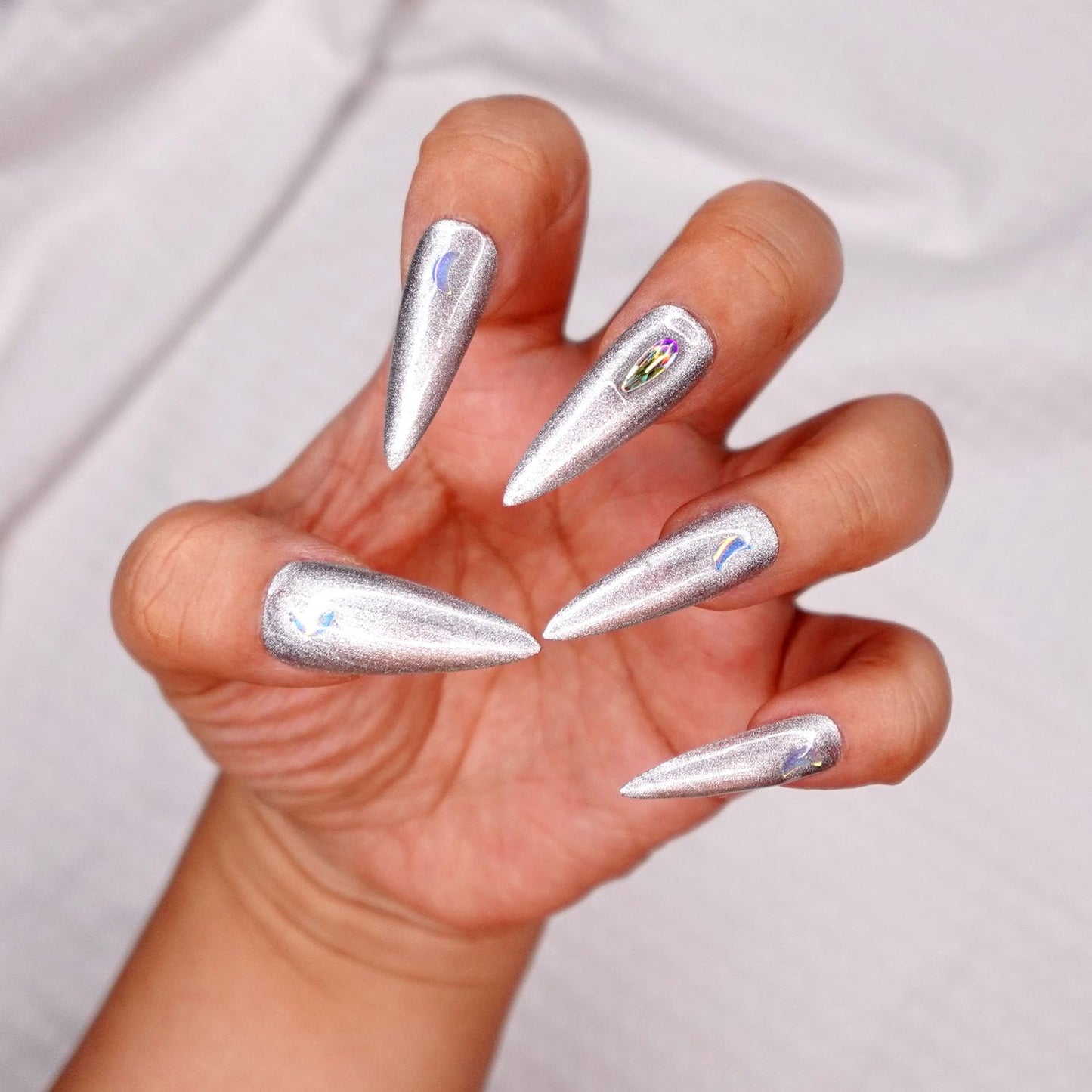 10 Pcs Handmade Press on Nails (X-Small, Silver Moon - Cool Silver Stiletto tips with Holo Moon and Holo Teardrop Stone Bling/Stiletto) A112XS