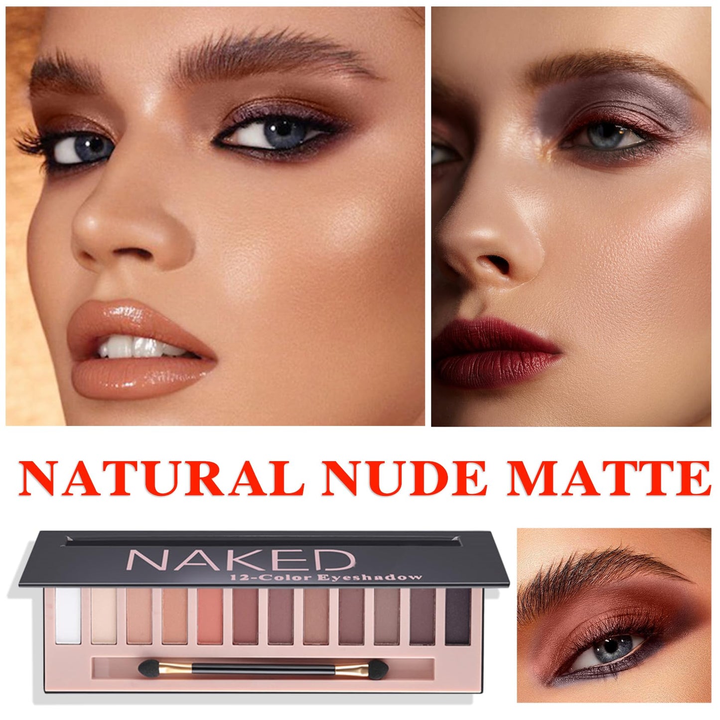 2PCS 12Colors Naked Eyeshadow Palette,nude Eyeshadow Palette,Natural Shimmer Glitter Eyeshadow Palette,Eye Shadow Palette with Brush,Waterproof & Long Lasting Smokey Eye Makeup(Matte+Shimmer)