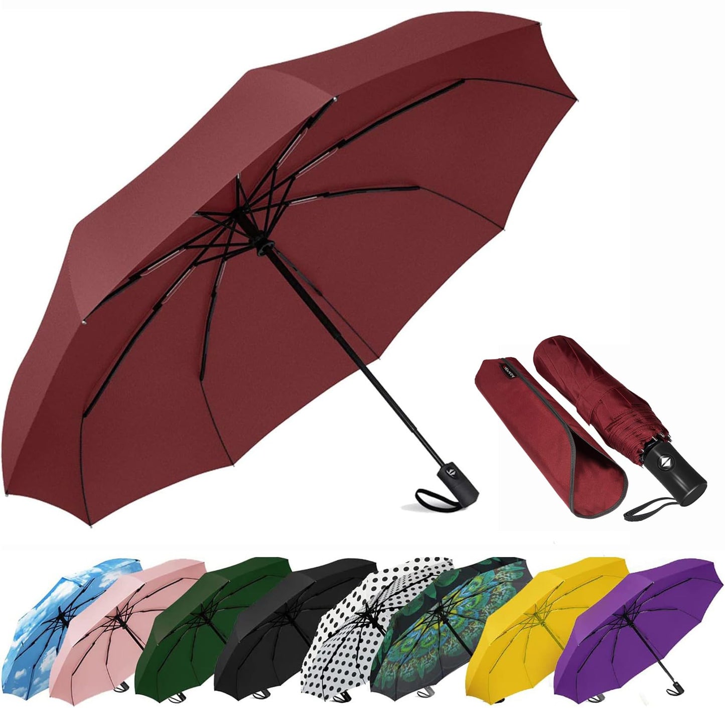 SIEPASA Windproof Travel Compact Umbrella-Automatic Umbrellas for Rain-Compact Folding Umbrella, Travel Umbrella Compact, Small Portable Windproof Umbrellas for Men Women Teenage. (Wine Red)