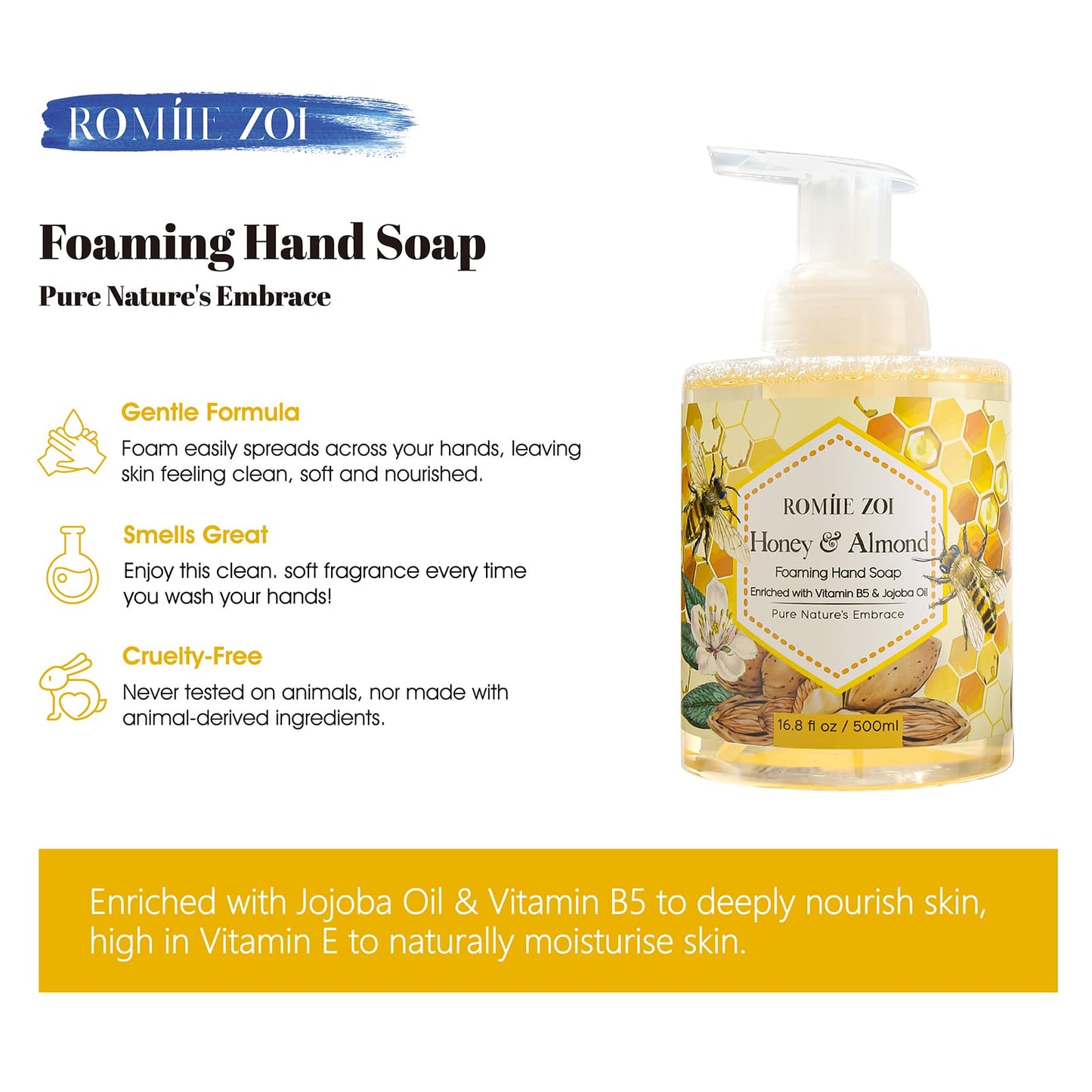 ROMIIE ZOI Foaming Hand Soap with Gift Box-Honey & Almond - Biodegradable Formula Moisture & Revitalize - 500 ml/ 16.8 fl oz