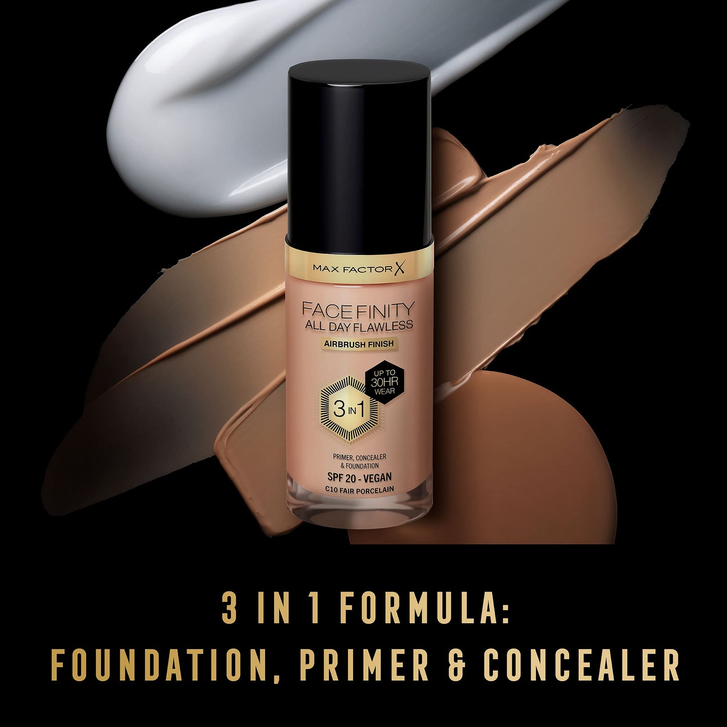 Max Factor Facefinity 3-in-1 All Day Flawless Liquid Foundation, SPF 20-10 Fair Porcelain, 30 ml