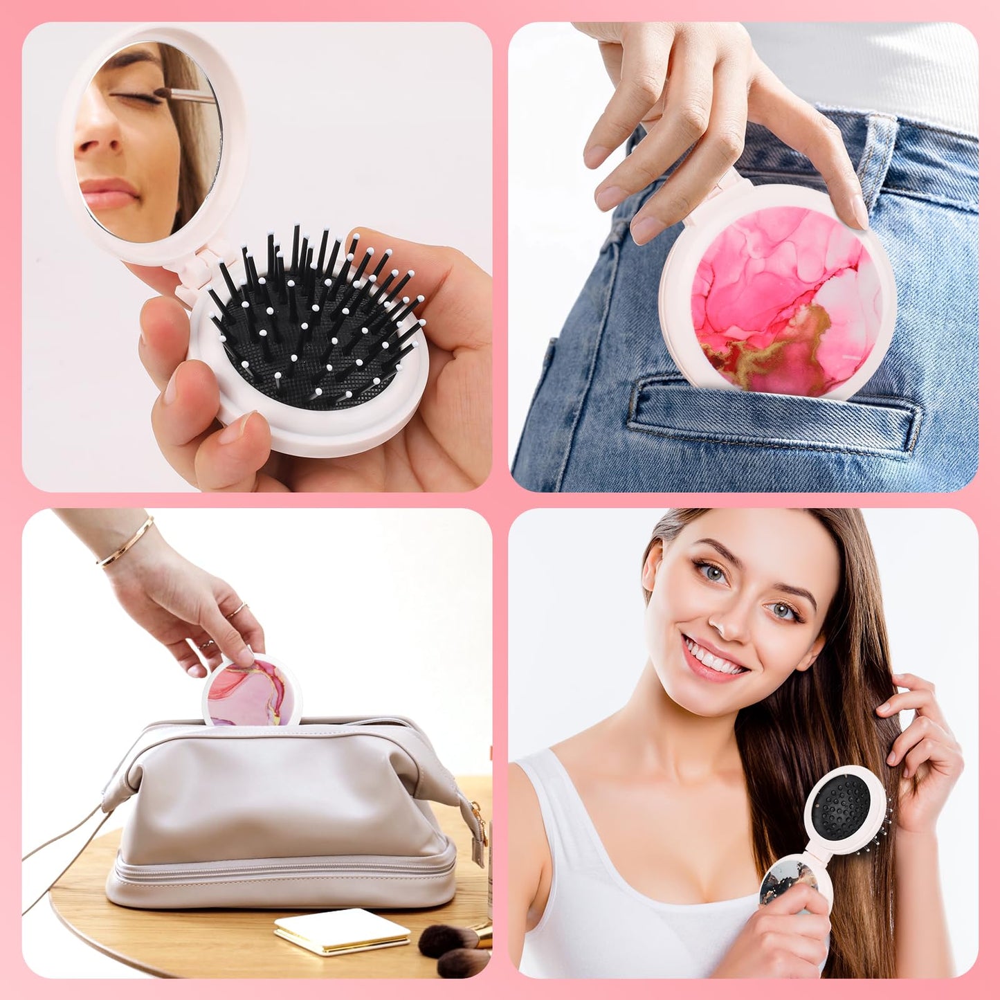 Mengduxd Mini Hairbrush, Collapsible Pocket Hairbrush with Mirror, Portable Hairbrush, Women Travel Small Hairbrush.Seaside Beach